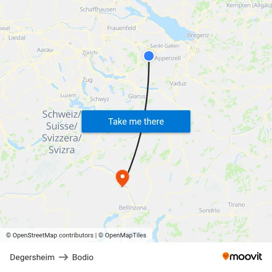 Degersheim to Bodio map
