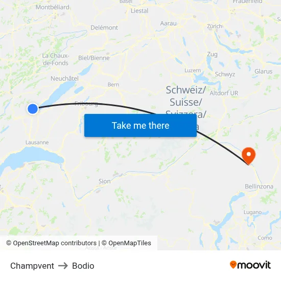 Champvent to Bodio map