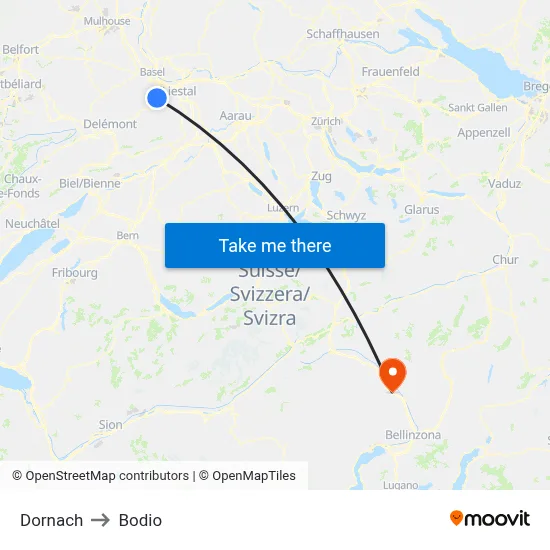 Dornach to Bodio map
