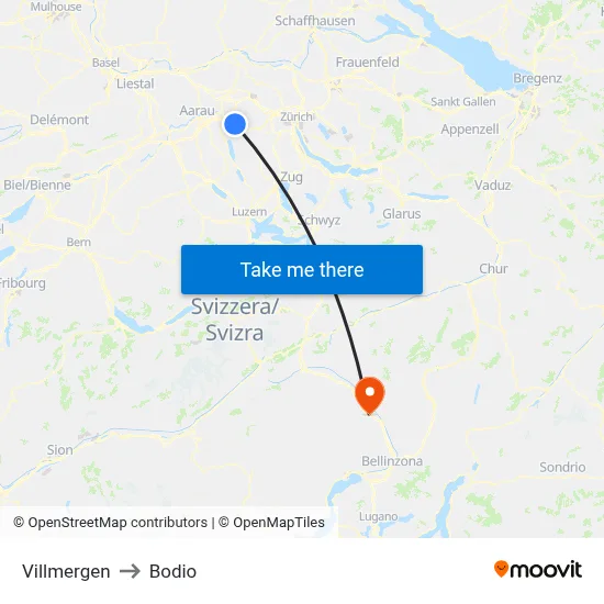 Villmergen to Bodio map