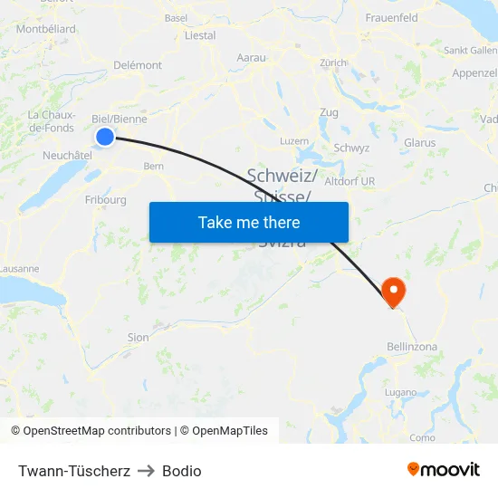 Twann-Tüscherz to Bodio map