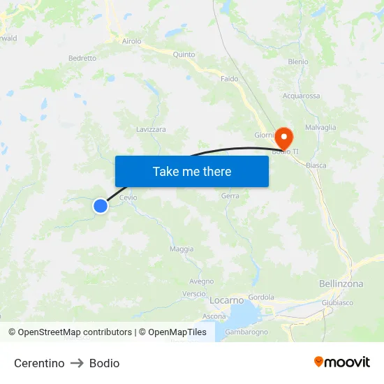 Cerentino to Bodio map