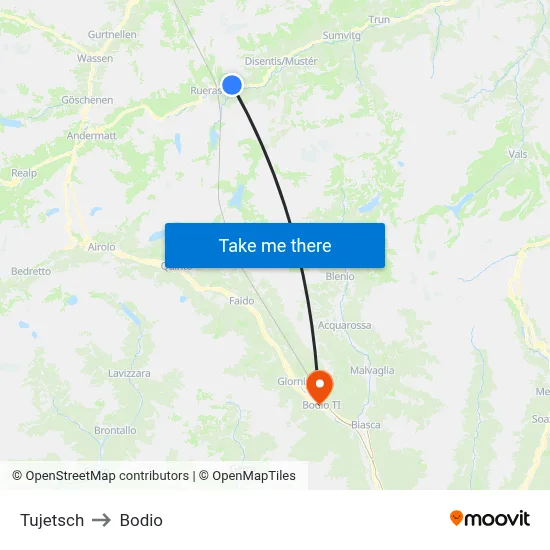 Tujetsch to Bodio map
