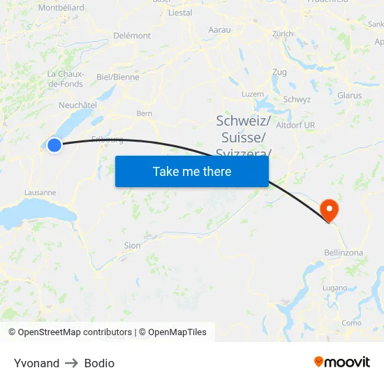 Yvonand to Bodio map