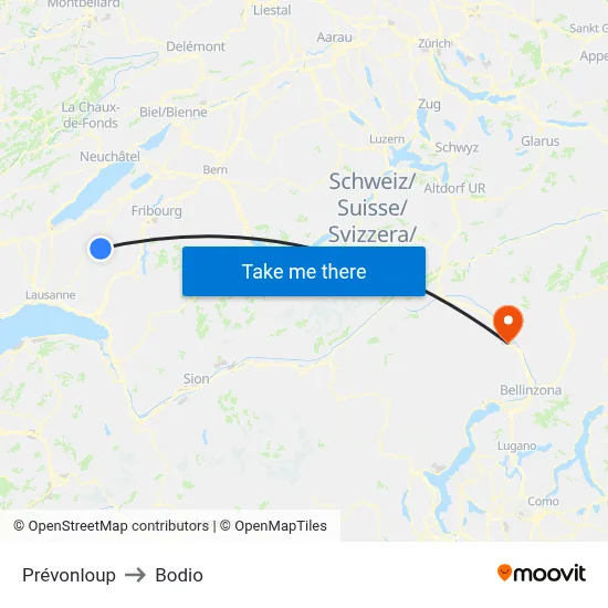 Prévonloup to Bodio map