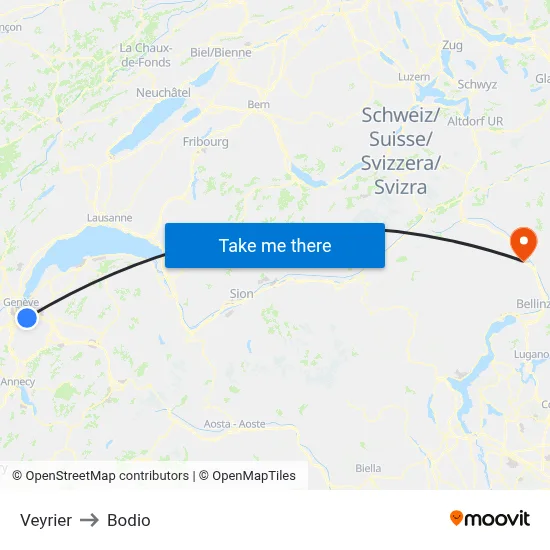 Veyrier to Bodio map