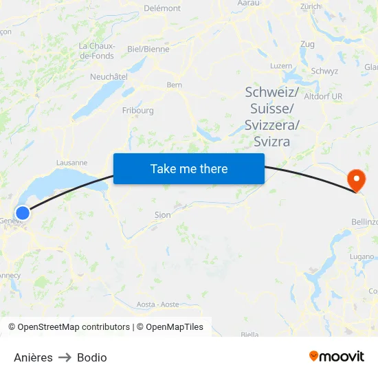 Anières to Bodio map