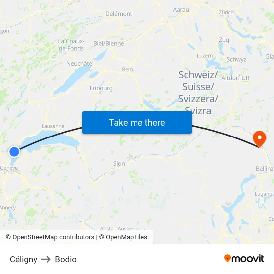 Céligny to Bodio map