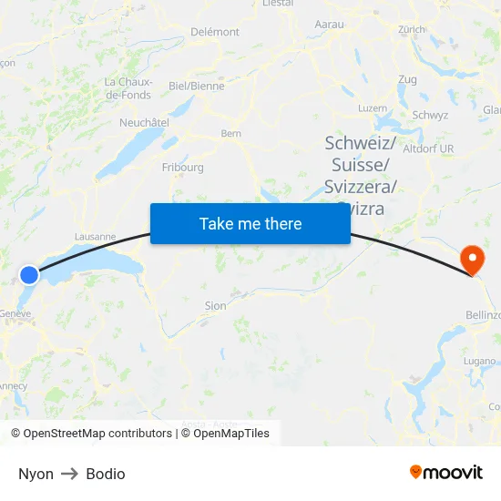 Nyon to Bodio map