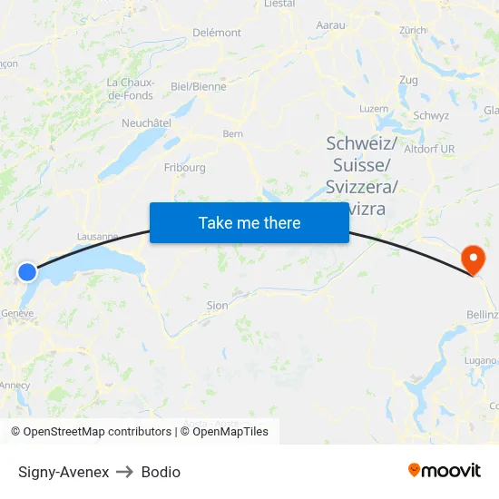Signy-Avenex to Bodio map