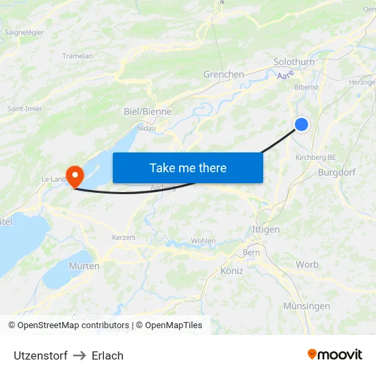 Utzenstorf to Erlach map