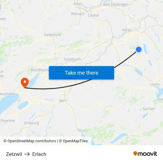 Zetzwil to Erlach map