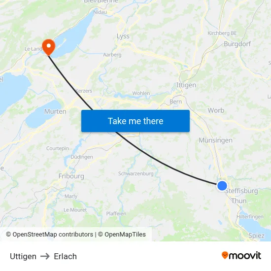 Uttigen to Erlach map