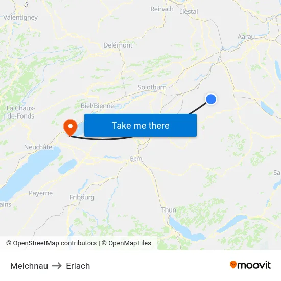 Melchnau to Erlach map