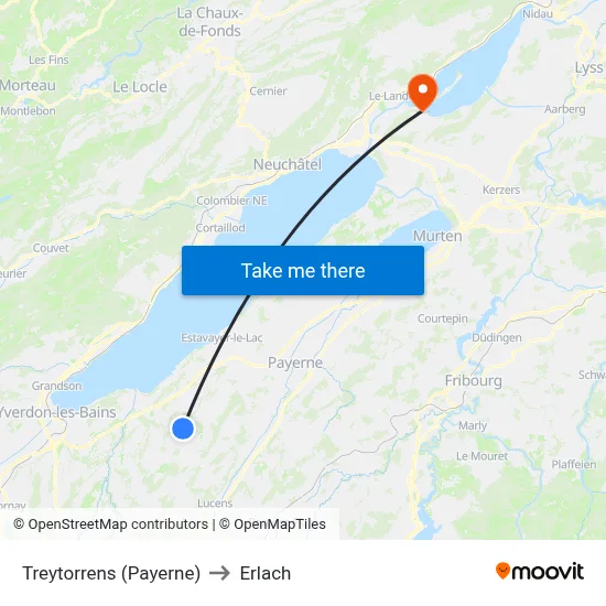 Treytorrens (Payerne) to Erlach map