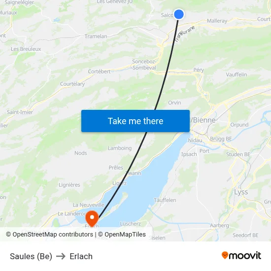 Saules (Be) to Erlach map