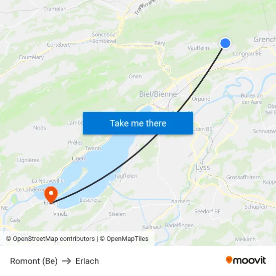 Romont (Be) to Erlach map