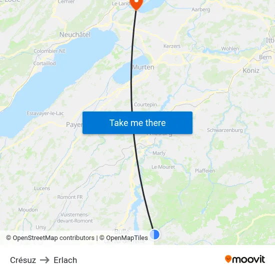 Crésuz to Erlach map