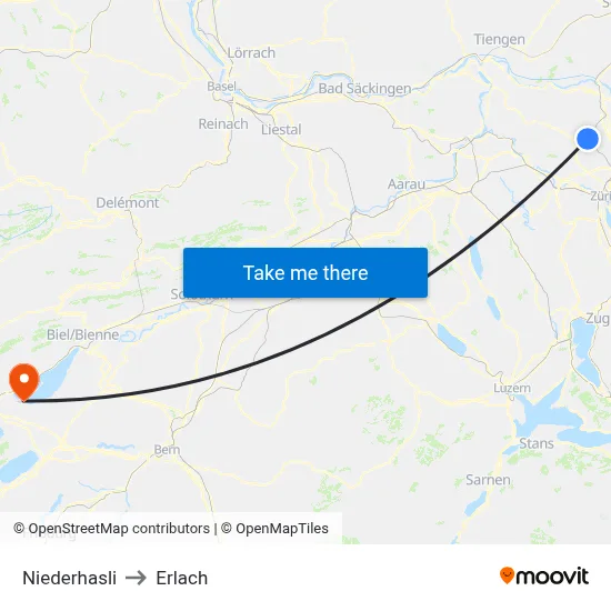 Niederhasli to Erlach map