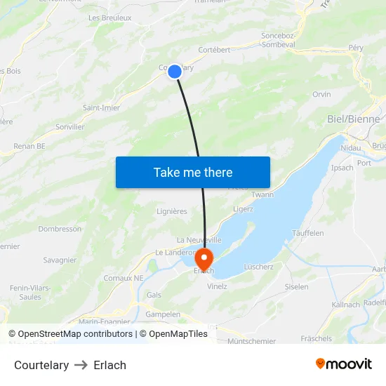 Courtelary to Erlach map