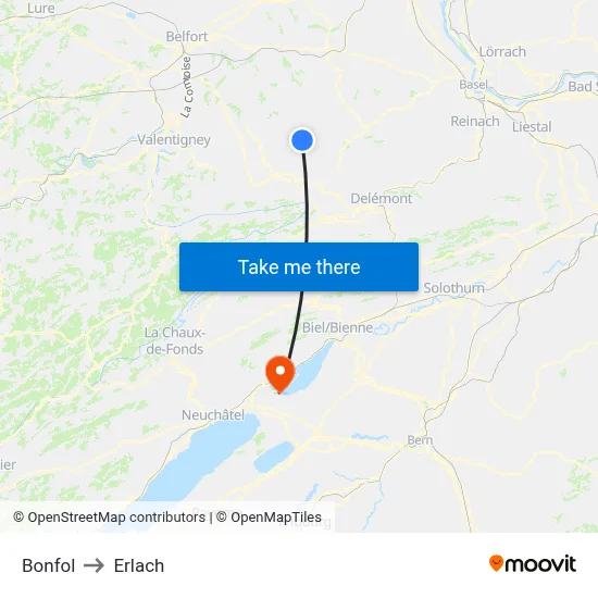 Bonfol to Erlach map