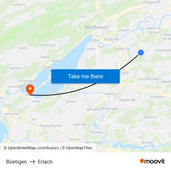 Büetigen to Erlach map