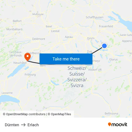Dürnten to Erlach map