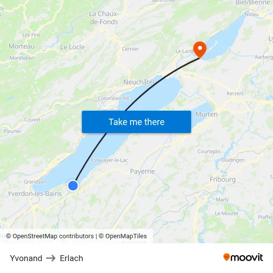 Yvonand to Erlach map