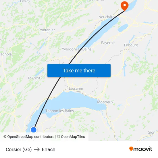 Corsier (Ge) to Erlach map