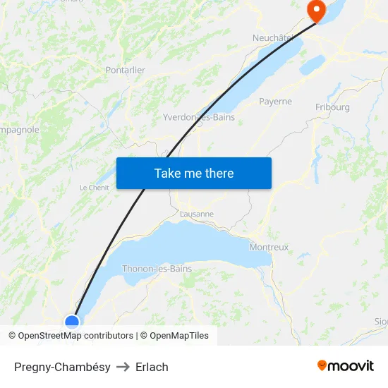 Pregny-Chambésy to Erlach map