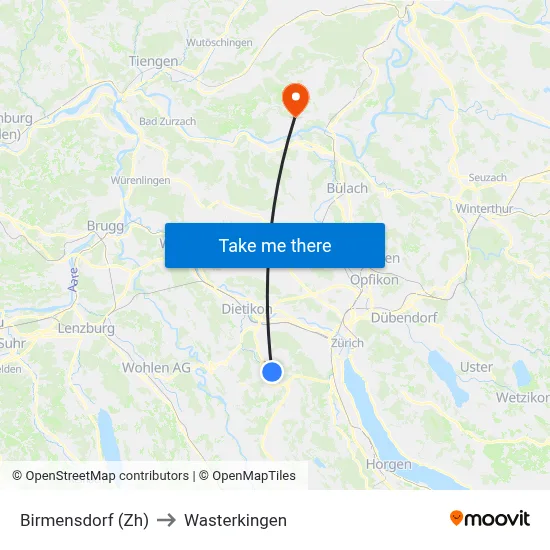 Birmensdorf (Zh) to Wasterkingen map