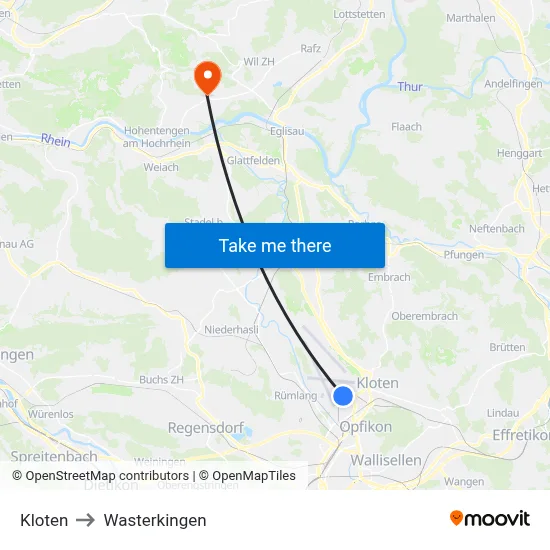 Kloten to Wasterkingen map
