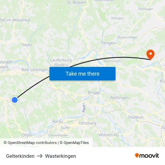 Gelterkinden to Wasterkingen map