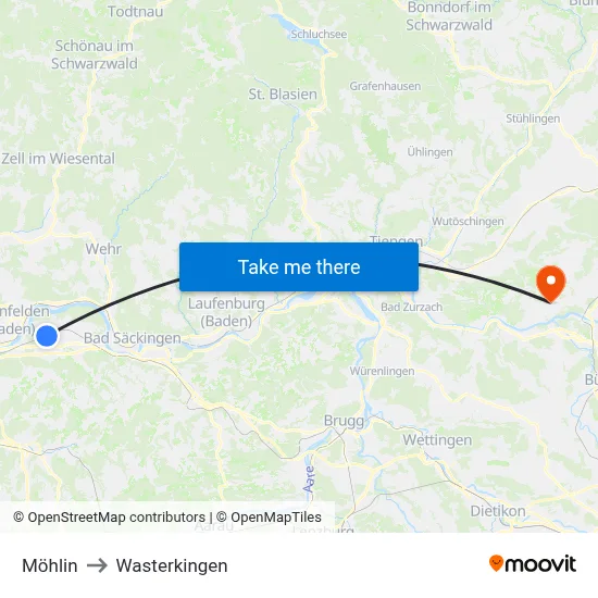 Möhlin to Wasterkingen map