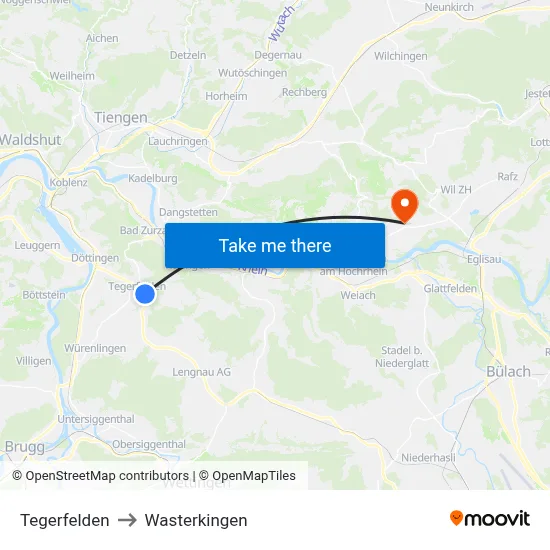 Tegerfelden to Wasterkingen map