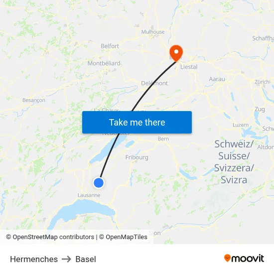 Hermenches to Basel map