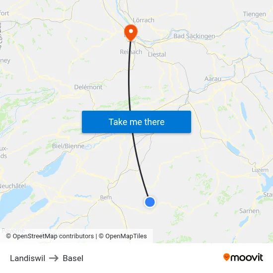 Landiswil to Basel map