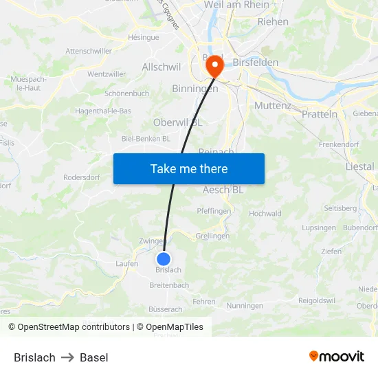 Brislach to Basel map