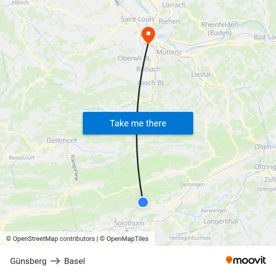 Günsberg to Basel map