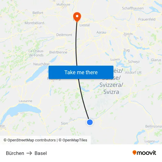 Bürchen to Basel map