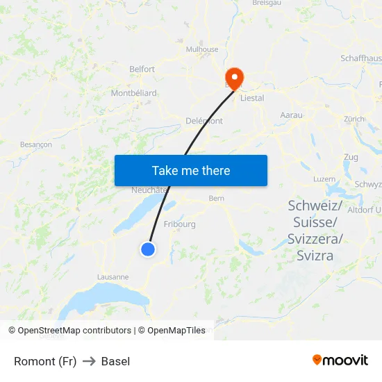 Romont (Fr) to Basel map