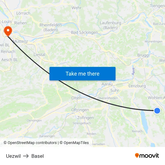 Uezwil to Basel map