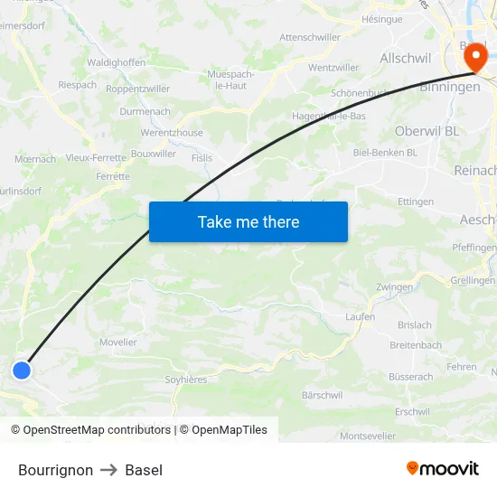 Bourrignon to Basel map