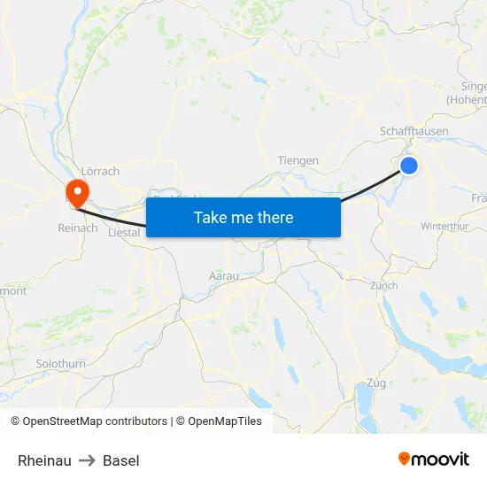 Rheinau to Basel map