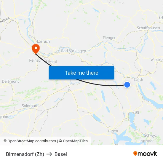 Birmensdorf (Zh) to Basel map