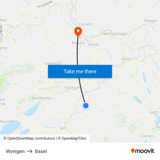 Wynigen to Basel map