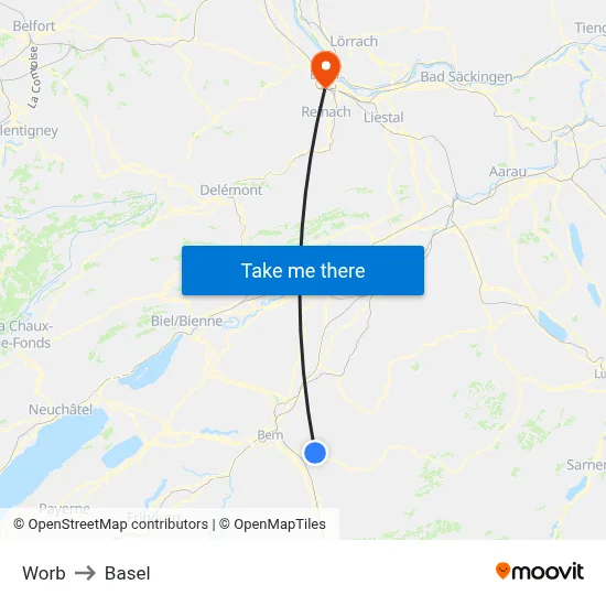 Worb to Basel map