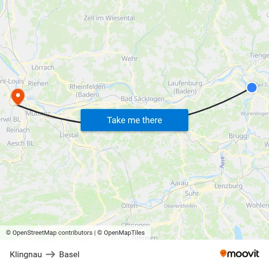 Klingnau to Basel map
