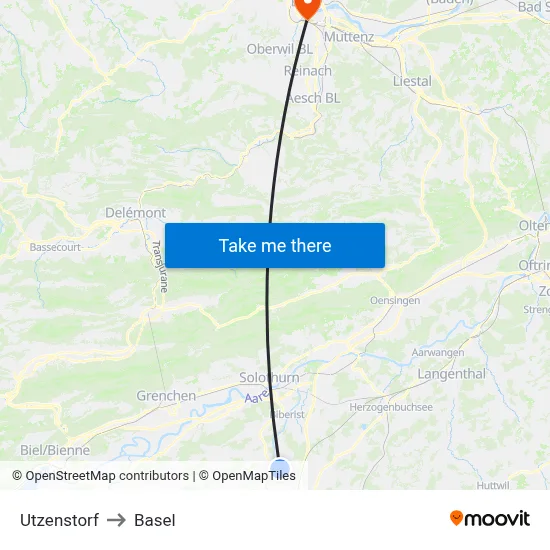 Utzenstorf to Basel map