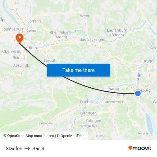 Staufen to Basel map